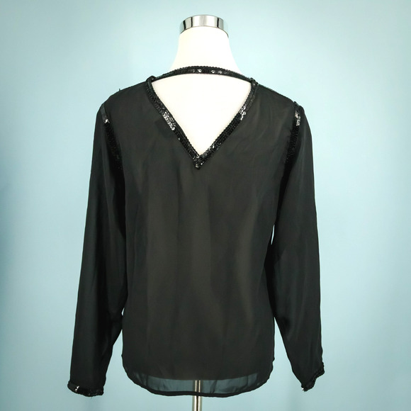 Oscar de la Renta Size 12 Black Sequin Detail Open Cut Out Back Long Sleeve Top - Picture 5 of 8